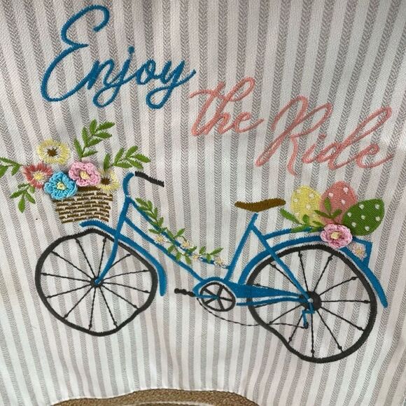 Embroidered Table Runner Blue Beach Bike Spring Basket Flowers Size 70” Length - Picture 5 of 10